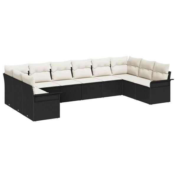 10-teilige Garten Sofa Set mit Kissen Schwarz Poly Rattan, 2-Sitzer Garten Sofa mit Stauraum & Kissen Schwarz Poly Rattan