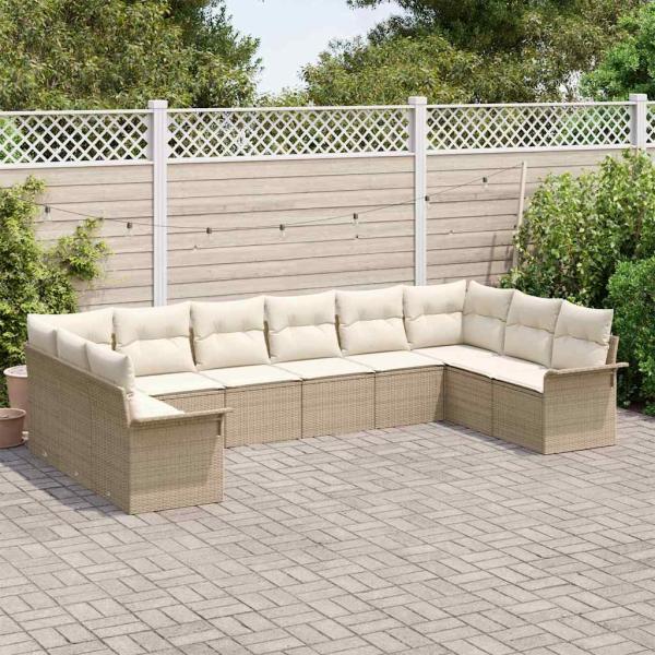 ARDEBO.de - 10-teiliges Garten-Sofa-Set mit Kissen Beige Poly-Rattan, 2-Sitzer Garten-Sofa mit Stauraum & Kissen Beige Poly-Rattan