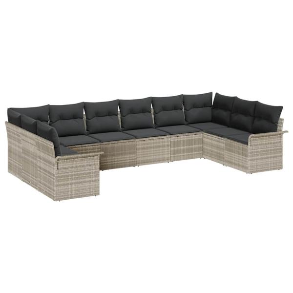 10-teiliges Garten Sofa Set mit Kissen Hellgrau Poly Rattan, 2-sitzer Garten Sofa mit Stauraum & Kissen Hellgrau Poly Rattan