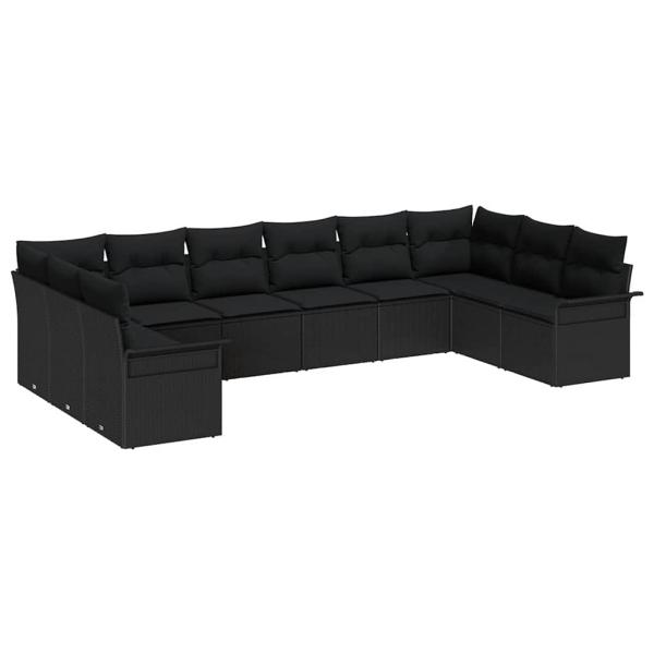 10-teilige Garten Sofa Set mit Kissen Schwarz Poly Rattan, 2-Sitzer Garten Sofa mit Stauraum & Kissen Schwarz Poly Rattan