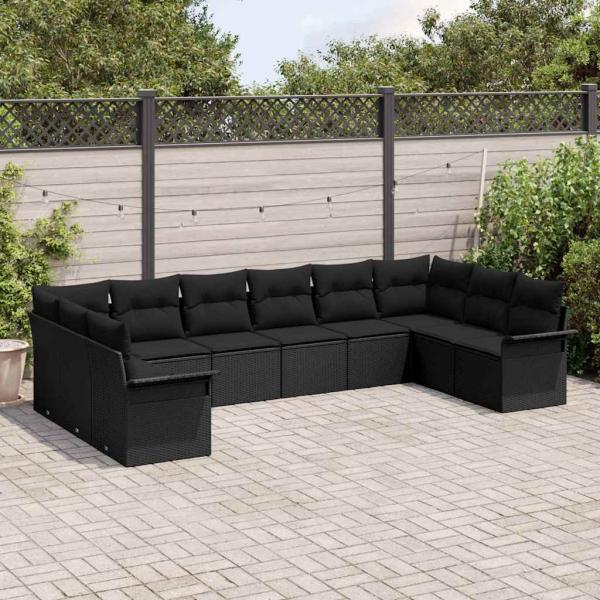 10-teilige Garten Sofa Set mit Kissen Schwarz Poly Rattan, 2-Sitzer Garten Sofa mit Stauraum & Kissen Schwarz Poly Rattan