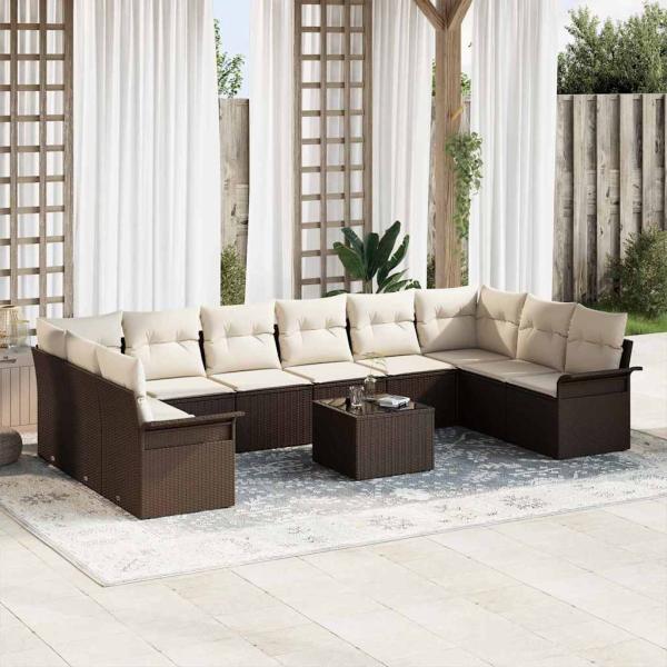 ARDEBO.de - 10-teiliges Garten Sofa Set mit Kissen Grau Poly Rattan, 2-Sitzer Garten Sofa mit Stauraum & Kissen Braun Poly Rattan