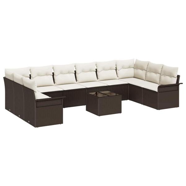 10-teiliges Garten Sofa Set mit Kissen Grau Poly Rattan, 2-Sitzer Garten Sofa mit Stauraum & Kissen Braun Poly Rattan