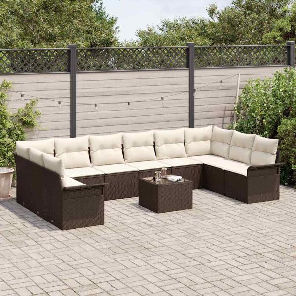 10-teiliges Garten Sofa Set mit Kissen Grau Poly Rattan, 2-Sitzer Garten Sofa mit Stauraum & Kissen Braun Poly Rattan