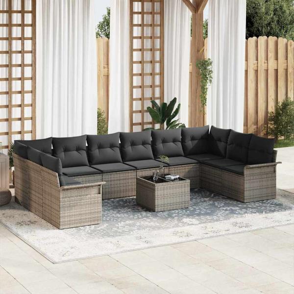 ARDEBO.de - 10-teiliges Garten Sofa Set mit Kissen Schwarz Poly Rattan, 2-Sitzer Garten Sofa mit Stauraum & Kissen Grau Poly Rattan
