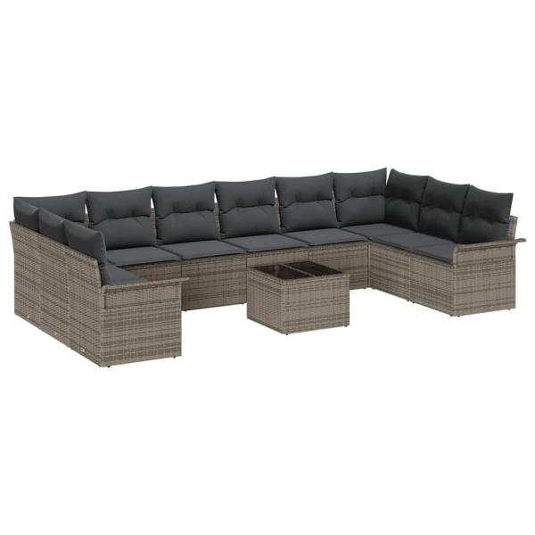 10-teiliges Garten Sofa Set mit Kissen Schwarz Poly Rattan, 2-Sitzer Garten Sofa mit Stauraum & Kissen Grau Poly Rattan