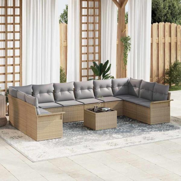 ARDEBO.de - 11-teiliges Gartensofa Set mit Kissen Schwarz Poly Rattan, 2-Sitzer Gartensofa mit Stauraum & Kissen Beige Poly Rattan