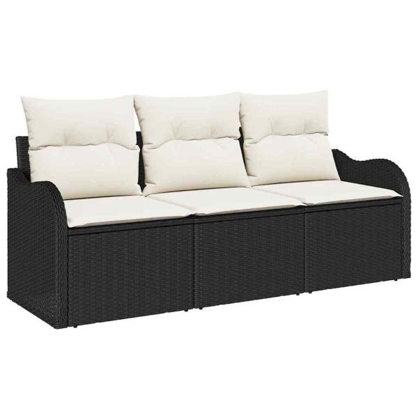 3-teiliges Garten Sofa Set mit Kissen Schwarz Poly Rattan, 2-Sitzer Garten Sofa mit Stauraum & Kissen Schwarz Poly Rattan