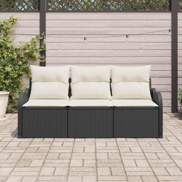 3-teiliges Garten Sofa Set mit Kissen Schwarz Poly Rattan, 2-Sitzer Garten Sofa mit Stauraum & Kissen Schwarz Poly Rattan