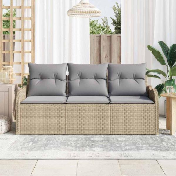 ARDEBO.de - 3-teiliges Garten Sofa Set mit Kissen Beige Poly Rattan, 2-Sitzer Garten Sofa mit Stauraum & Kissen Beige Poly Rattan