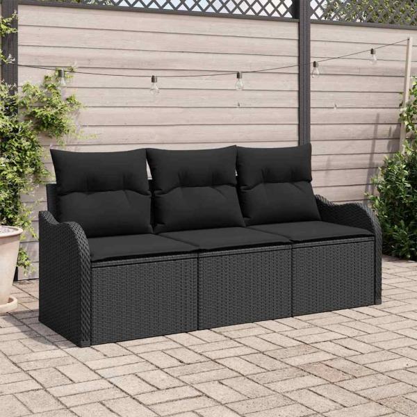 ARDEBO.de - 3-teiliges Garten-Sofa-Set mit Kissen Schwarz Poly Rattan, 2-Sitzer Garten-Sofa mit Stauraum & Kissen Schwarz Poly Rattan