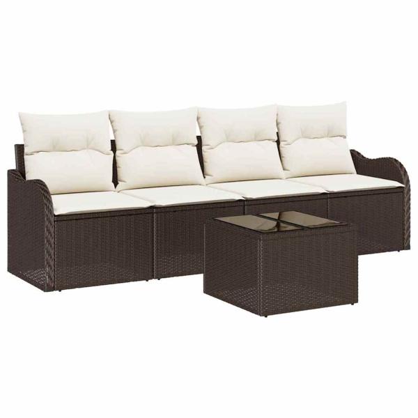 5-teiliges Garten Sofaset mit Kissen Braun Poly Rattan, 2-Sitzer Garten Sofa mit Stauraum & Kissen Braun Poly Rattan