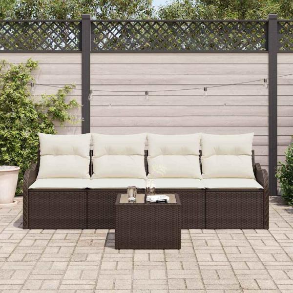 5-teiliges Garten Sofaset mit Kissen Braun Poly Rattan, 2-Sitzer Garten Sofa mit Stauraum & Kissen Braun Poly Rattan