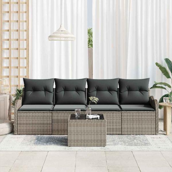5-teiliges Garten-Sofa-Set mit Kissen Grau Poly Rattan, 2-Sitzer Garten-Sofa mit Stauraum & Kissen Grau Poly Rattan
