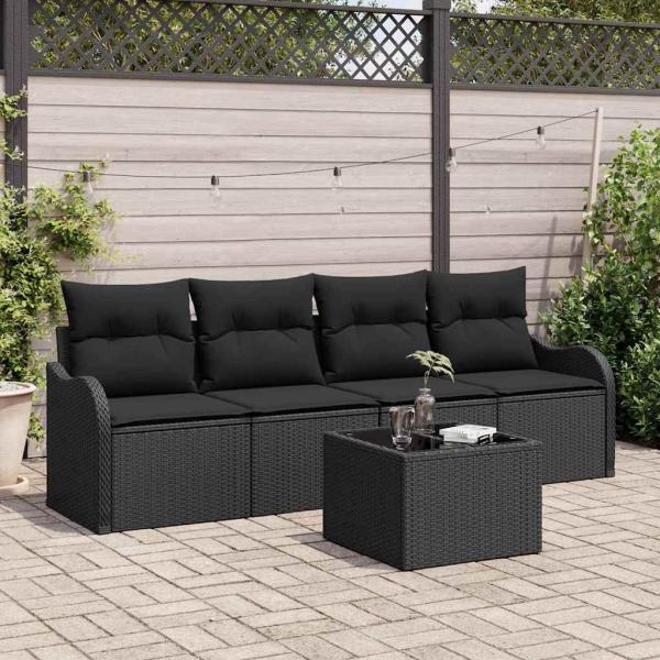 ARDEBO.de - 5-teiliges Garten-Sofa-Set mit Kissen Schwarz Poly Rattan, 2-Sitzer Garten-Sofa mit Stauraum & Kissen Schwarz Poly Rattan