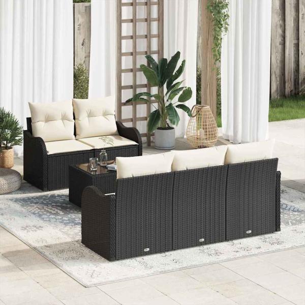 ARDEBO.de - 6-teilige Garten Sofa Set mit Kissen Schwarz Poly Rattan, 2-Sitzer Garten Sofa mit Stauraum & Kissen Schwarz Poly Rattan