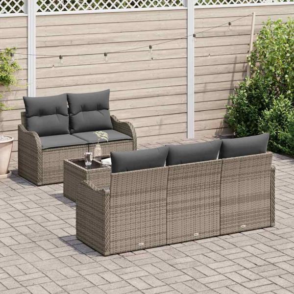 6-teiliges Garten Sofa Set mit Kissen Grau Poly Rattan, 2-Sitzer Garten Sofa mit Stauraum & Kissen Grau Poly Rattan