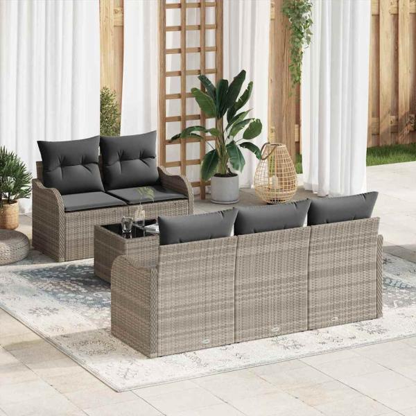 ARDEBO.de - 6-teiliges Garten Sofa Set mit Kissen Hellgrau Poly Rattan, 2-Sitzer Garten Sofa mit Stauraum & Kissen Hellgrau Poly Rattan