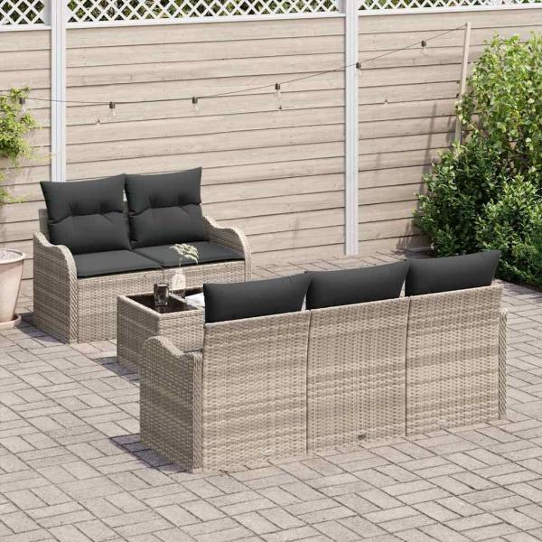 6-teiliges Garten Sofa Set mit Kissen Hellgrau Poly Rattan, 2-Sitzer Garten Sofa mit Stauraum & Kissen Hellgrau Poly Rattan