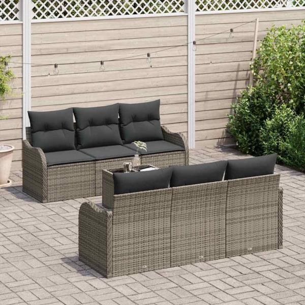 7-tlg. Garten Sofa Set mit Kissen Grau Poly Rattan, 2-Sitzer Garten Sofa mit Stauraum & Kissen Grau Poly Rattan
