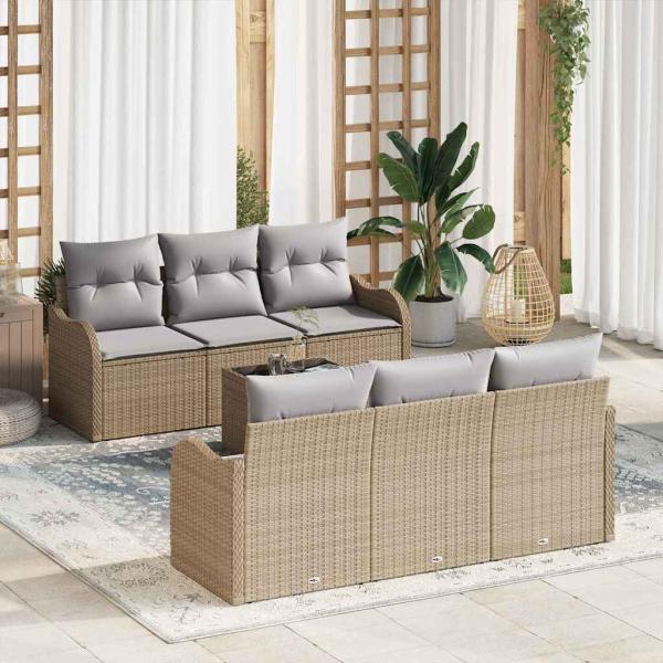 ARDEBO.de - 7-teiliges Garten-Sofa-Set mit Kissen Beige Poly-Rattan, 2-Sitzer Garten-Sofa mit Stauraum & Kissen Beige Poly-Rattan