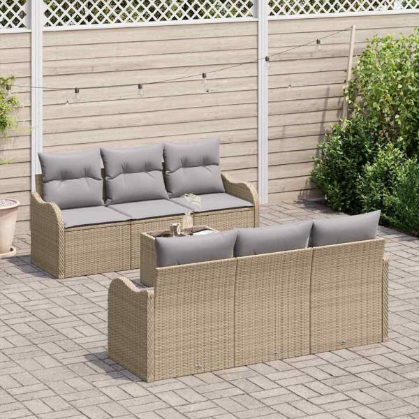 7-teiliges Garten-Sofa-Set mit Kissen Beige Poly-Rattan, 2-Sitzer Garten-Sofa mit Stauraum & Kissen Beige Poly-Rattan