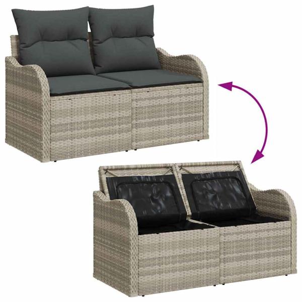 7-teilige Garten Sofaset mit Kissen Hellgrau Poly Rattan, 2-Sitzer Garten Sofa mit Stauraum & Kissen Hellgrau Poly Rattan