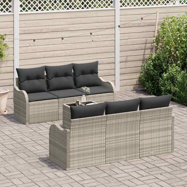 7-teilige Garten Sofaset mit Kissen Hellgrau Poly Rattan, 2-Sitzer Garten Sofa mit Stauraum & Kissen Hellgrau Poly Rattan