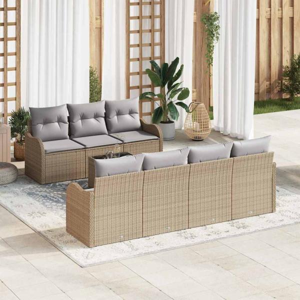 ARDEBO.de - 8-teiliges Garten Sofa Set mit Kissen Beige Poly Rattan, 2-Sitzer Garten Sofa mit Stauraum & Kissen Beige Poly Rattan