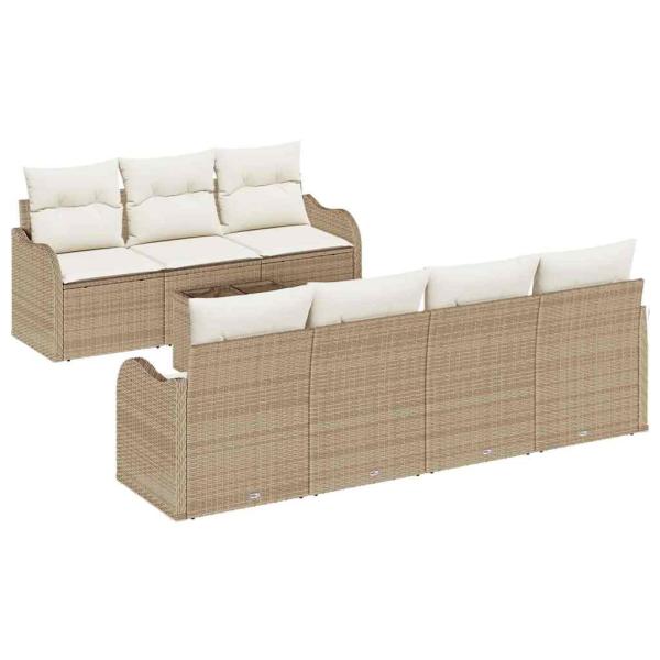 8-teiliges Garten Sofa Set mit Kissen Beige Poly Rattan, 2-Sitzer Garten Sofa mit Stauraum & Kissen Beige Poly Rattan