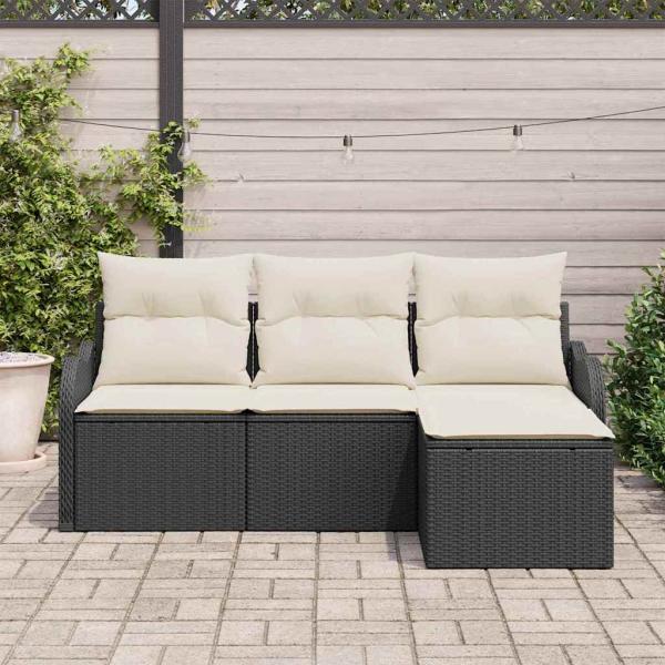 4-teiliges Garten Sofa Set mit Kissen Schwarzes Poly Rattan, 2-Sitzer Garten Sofa mit Stauraum und Kissen Schwarzes Poly Rattan