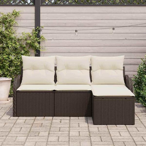 4-teiliges Garten Sofa Set mit Kissen Braun Poly Rattan, 2-Sitzer Garten Sofa mit Stauraum & Kissen Braun Poly Rattan