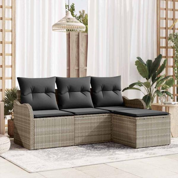 ARDEBO.de - 4-teiliges Garten Sofaset mit Kissen Hellgrau Poly Rattan, 2-Sitzer Garten Sofa mit Stauraum & Kissen Hellgrau Poly Rattan