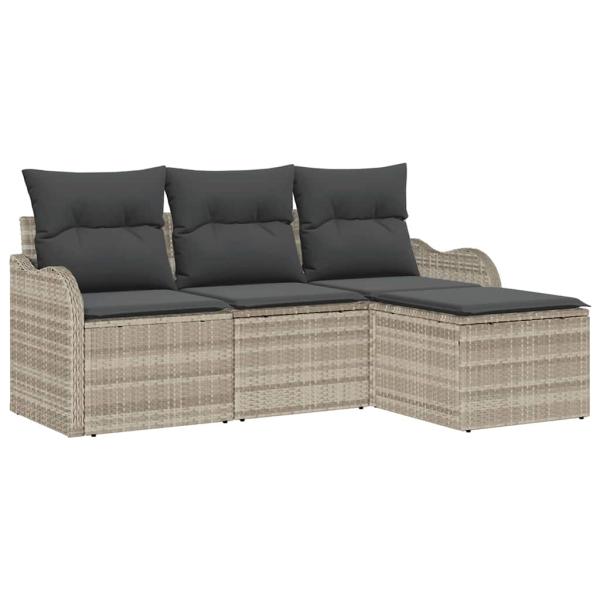 4-teiliges Garten Sofaset mit Kissen Hellgrau Poly Rattan, 2-Sitzer Garten Sofa mit Stauraum & Kissen Hellgrau Poly Rattan