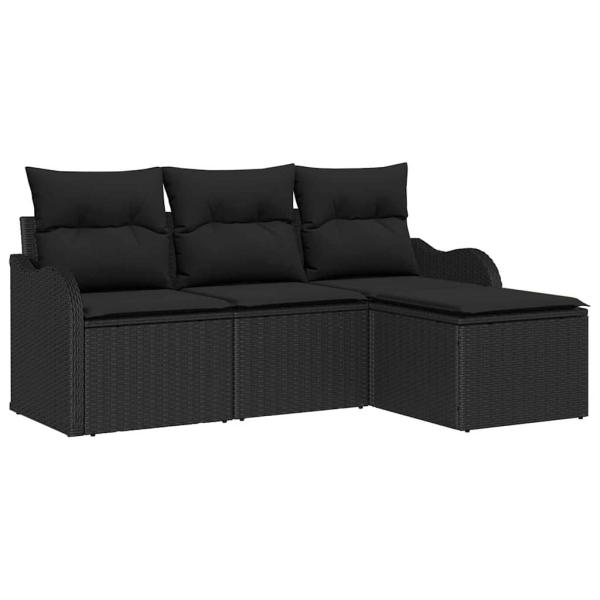 4-teiliges Garten Sofa Set mit Kissen Schwarzes Poly Rattan, 2-Sitzer Garten Sofa mit Stauraum und Kissen Schwarzes Poly Rattan