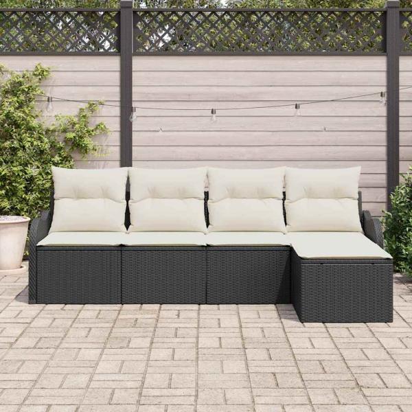 5-teiliges Garten Sofa Set mit Kissen aus schwarzem Poly Rattan, 2-Sitzer Garten Sofa mit Stauraum & Kissen aus schwarzem Poly Rattan
