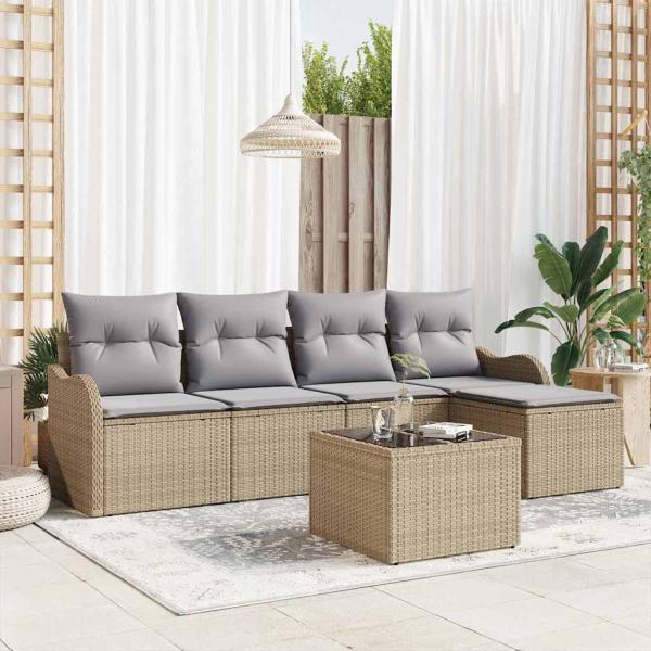 ARDEBO.de - 6-teiliges Garten Sofa Set mit Kissen schwarzes Poly Rattan, 2-Sitzer Garten Sofa mit Stauraum & Kissen beiges Poly Rattan