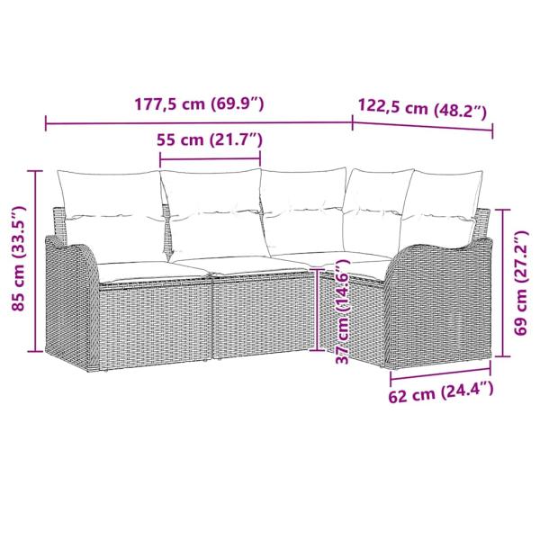 4-teiliges Garten Sofa Set mit Kissen Schwarz Poly Rattan, 2-Sitzer Garten Sofa mit Stauraum und Kissen Schwarz Poly Rattan