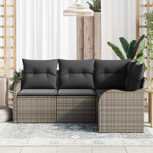ARDEBO.de - 4-teiliges Garten-Sofa-Set mit Kissen Grau Poly Rattan, 2-Sitzer Garten-Sofa mit Stauraum & Kissen Grau Poly Rattan