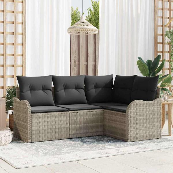 ARDEBO.de - 4-teiliges Garten-Sofa-Set mit Kissen Hellgrau Poly Rattan, 2-Sitzer Garten-Sofa mit Stauraum & Kissen Hellgrau Poly Rattan