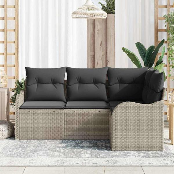 4-teiliges Garten-Sofa-Set mit Kissen Hellgrau Poly Rattan, 2-Sitzer Garten-Sofa mit Stauraum & Kissen Hellgrau Poly Rattan
