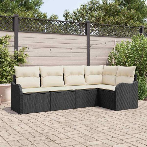ARDEBO.de - 5-teiliges Garten-Sofaset mit Kissen Schwarz Poly-Rattan, 2-Sitzer-Garten-Sofa mit Stauraum & Kissen Schwarz Poly-Rattan