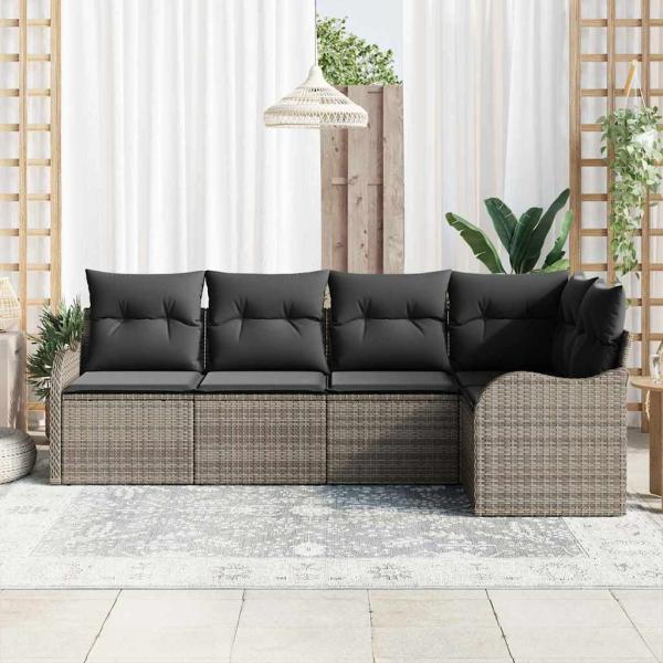 5-teiliges Garten Sofa Set mit Kissen Grau Poly Rattan, 2-Sitzer Garten Sofa mit Stauraum & Kissen Grau Poly Rattan