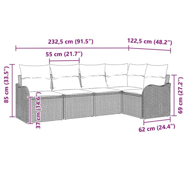 5-teiliges Garten Sofa Set mit Kissen Grau Poly Rattan, 2-Sitzer Garten Sofa mit Stauraum & Kissen Grau Poly Rattan