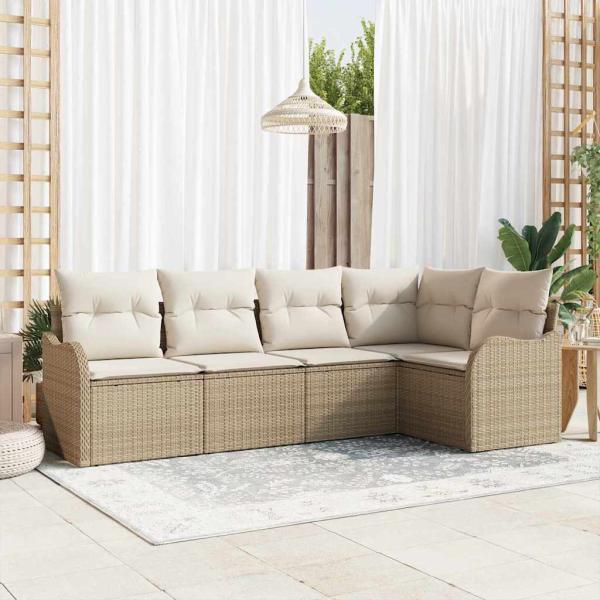 ARDEBO.de - 5-teiliges Garten Sofa Set mit Kissen Beige Poly Rattan, 2-Sitzer Garten Sofa mit Stauraum & Kissen Beige Poly Rattan