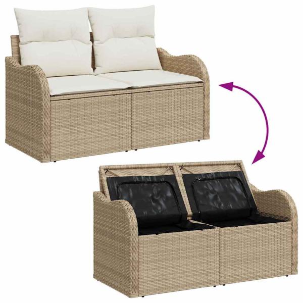 5-teiliges Garten Sofa Set mit Kissen Beige Poly Rattan, 2-Sitzer Garten Sofa mit Stauraum & Kissen Beige Poly Rattan
