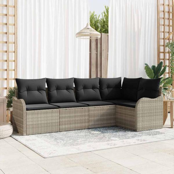 ARDEBO.de - 5-teiliges Garten Sofa Set mit Kissen aus hellgrauem Poly Rattan, 2-Sitzer Garten Sofa mit Stauraum & Kissen aus hellgrauem Poly Rattan