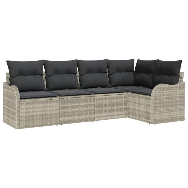 5-teiliges Garten Sofa Set mit Kissen aus hellgrauem Poly Rattan, 2-Sitzer Garten Sofa mit Stauraum & Kissen aus hellgrauem Poly Rattan