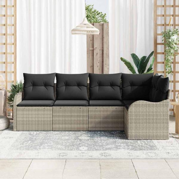 5-teiliges Garten Sofa Set mit Kissen aus hellgrauem Poly Rattan, 2-Sitzer Garten Sofa mit Stauraum & Kissen aus hellgrauem Poly Rattan