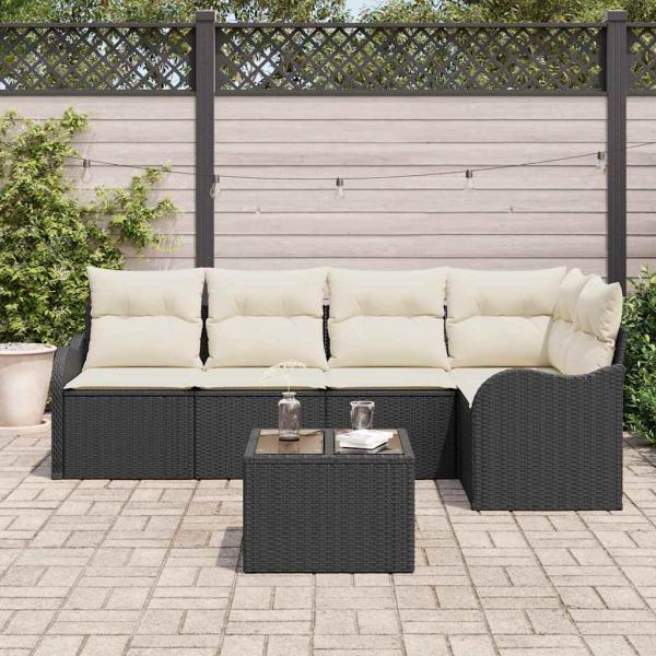 5-teiliges Garten Sofa Set mit Kissen in Braun Poly Rattan, 2-Sitzer Garten Sofa mit Stauraum und Kissen in Schwarz Poly Rattan